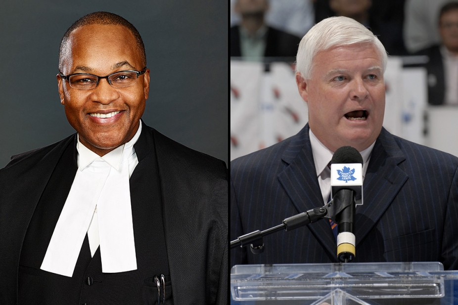 Headshots of Chief Justice Michael H. Tulloch and broadcaster Joe Bowen.