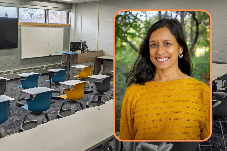Headshot of Dr. Desai over image of room 2223 education building