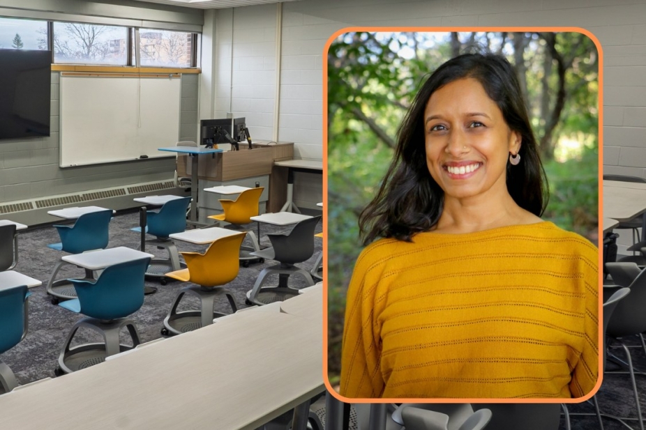 headshot of Dr. Desai over image of room 2223 education building