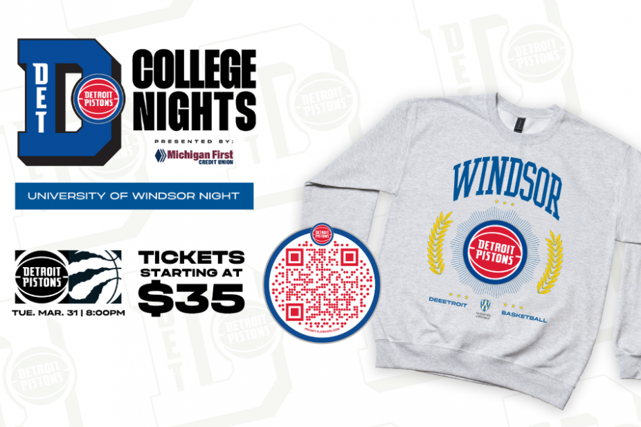 graphic with Pistons logo, QR code and cobranded sweatshirt