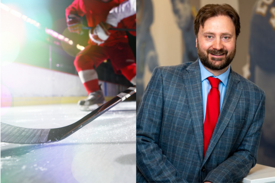close up of a hockey player and hockey stick and portrait of Craig Greenham