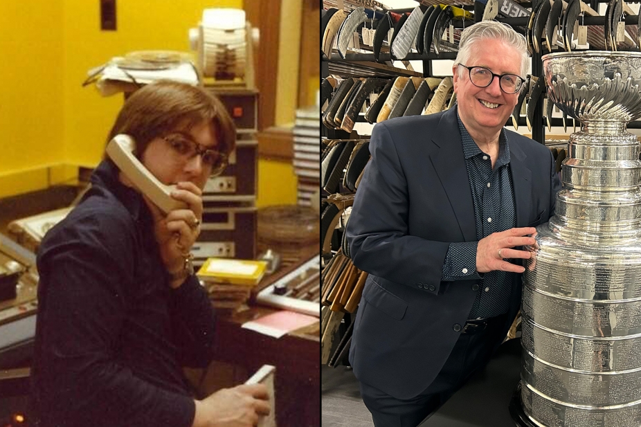 Split photo of Kevin Shea working at CKWW and holding the Stanley Cup in the Hockey Hall of Fame.