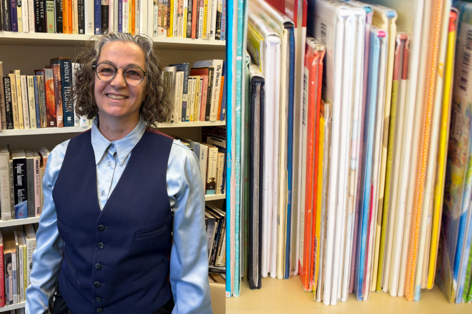 Nicole Markotic in front of a bookshelf of books with a close up of children's picture books in a separate image