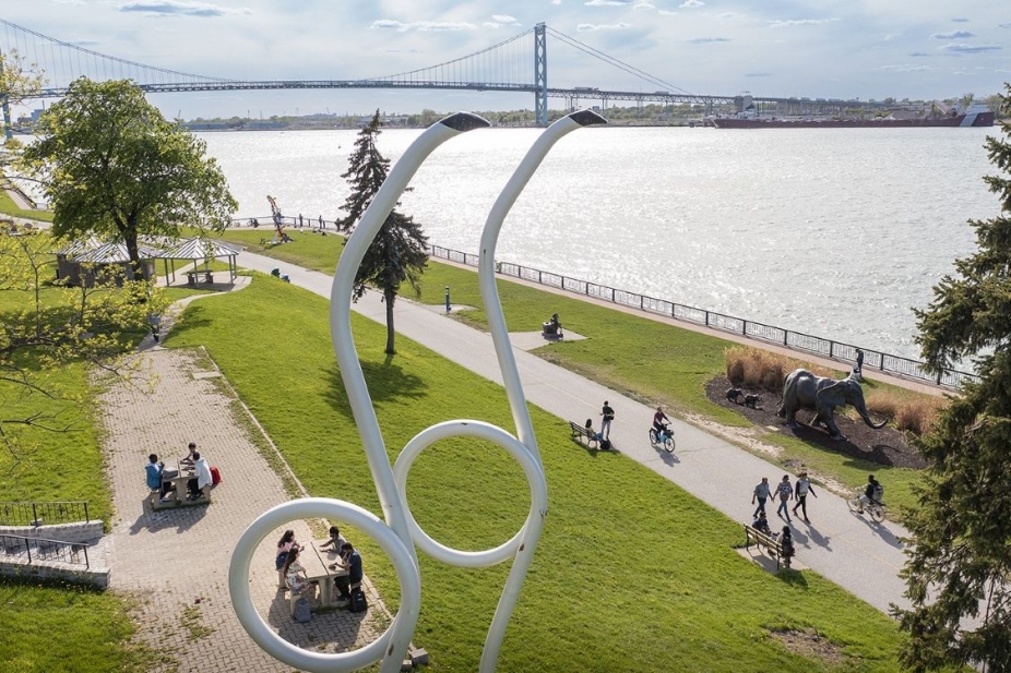 View of Windsor riverfront with people walking