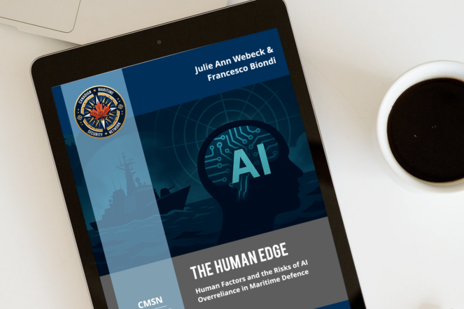 tablet with AI in maritime defense report cover on table with coffee and laptop