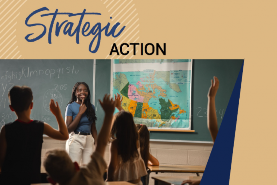 cover of education strat plan with text Strategic action and photo of teacher candidate in front of students