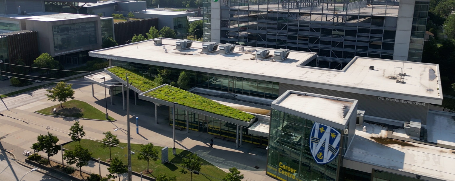 Aerial view of the Joyce Entrepreneurship Centre and its green roofs