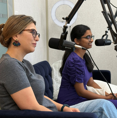 Alumna Ana Masoud and current student Meghana Reddy recording the WE Belong Podcast