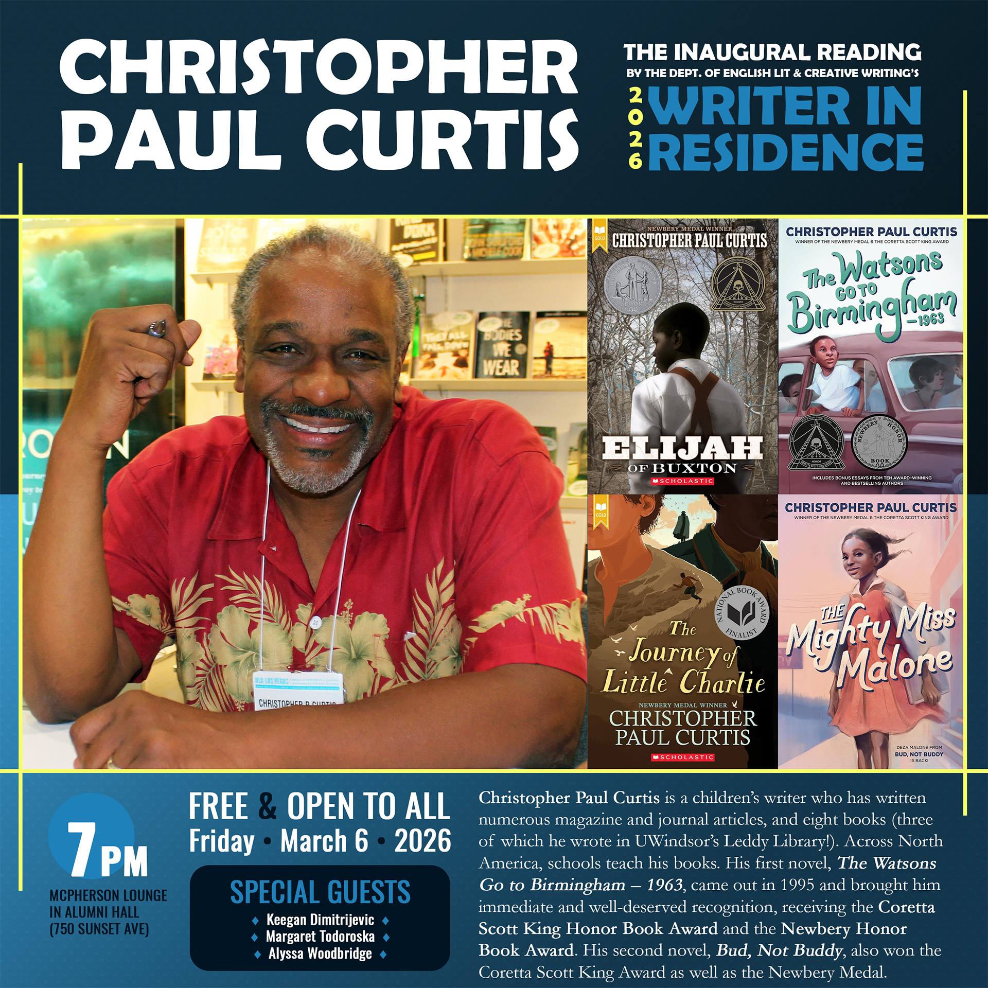 Poster for public reading by children’s book writer Christopher Paul Curtis on Friday, March 6