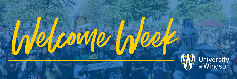 photo of a large group of students with a blue tinted overlay and the words welcome week in yellow text.