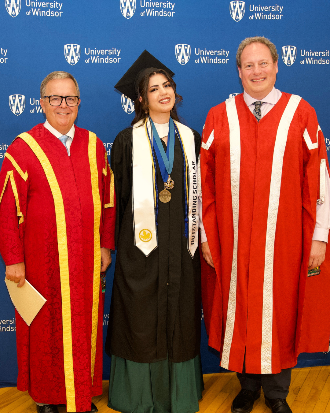 Zeina Abou Haidar poses with Chancellor Dwight Duncan and President and Vice-Chancellor J.J. McMurtry after winning the President's Medal at the 2026 Spring Convocation
