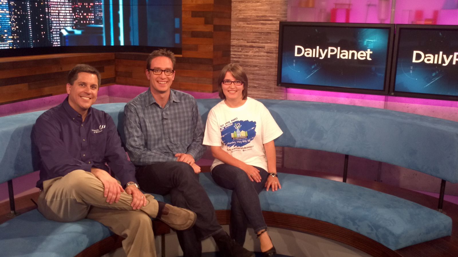 Professor Rehse, biotechnology student Florida Doci and Dan Riskin on the set of Discovery Channel’s Daily Planet