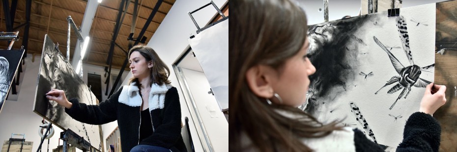 A horizontal diptych comprising differently angled views of a Visual Arts undergraduate student working on a charcoal-based piece.