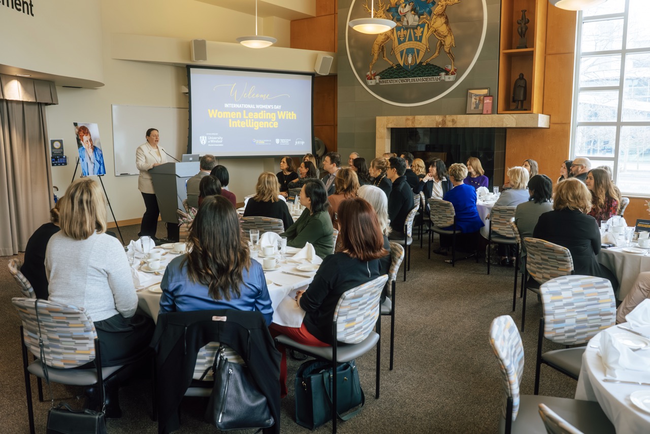 Dr. Josianne Marsan, dean of the Odette School of Business, addresses attendees during the University of Windsor’s International Women’s Day event on March 3, 2026.