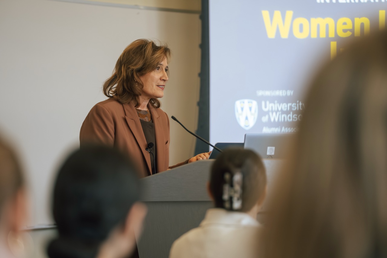 The Honourable Sandra Pupatello delivers the keynote address during the University of Windsor’s International Women’s Day event at the Odette School of Business on March 3, 2026.