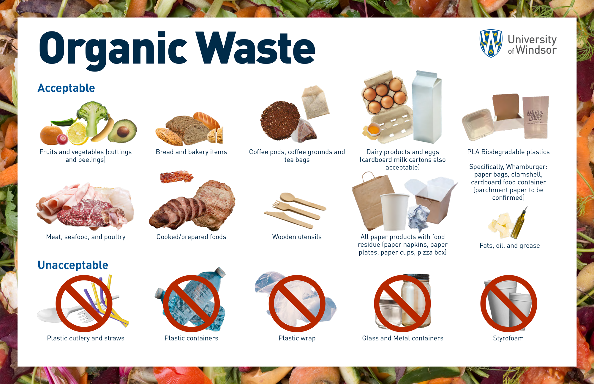 Various types of waste is pictured that illustrates what is acceptable and unacceptable for composting on campus.