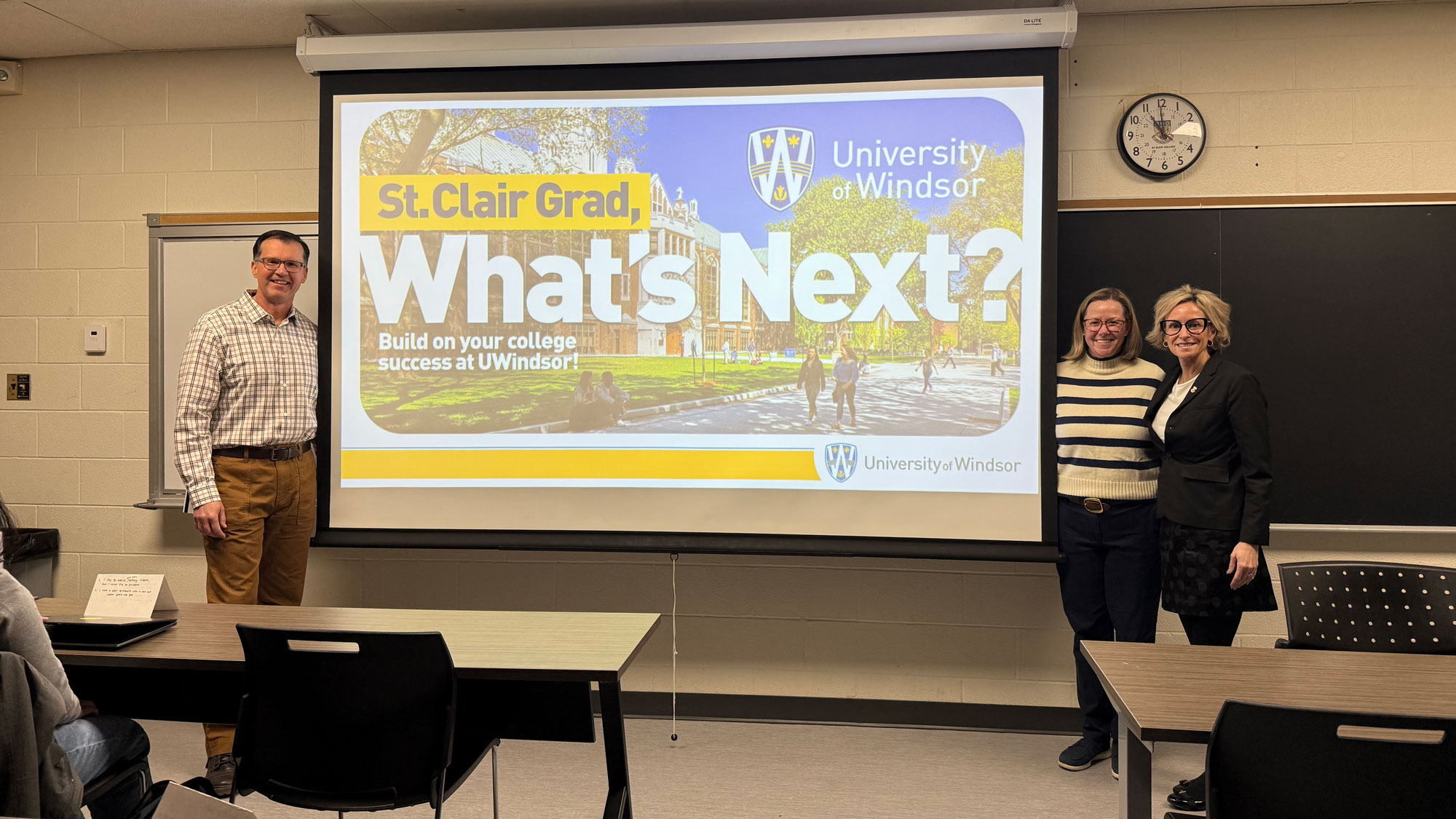 Dr. John Spirou, Dr. Sarah Woodruff, and Dr. De Franceschi meet with first- and second-year OTA/PTA cohorts at St. Clair College’s Chatham Campus to discuss the new pathway opportunity on Jan. 6, 2026. (HANDOUT/St. Clair College)