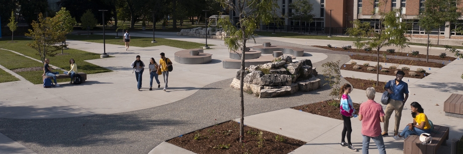 Students and others gathered around and walking through Turtle Island Walk