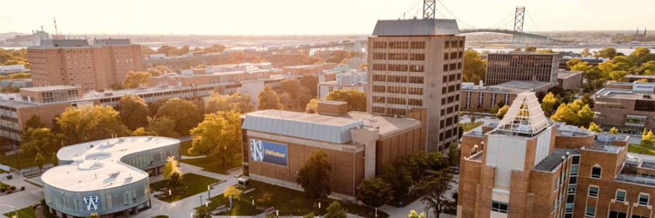 Aerial view of campus in the summertime