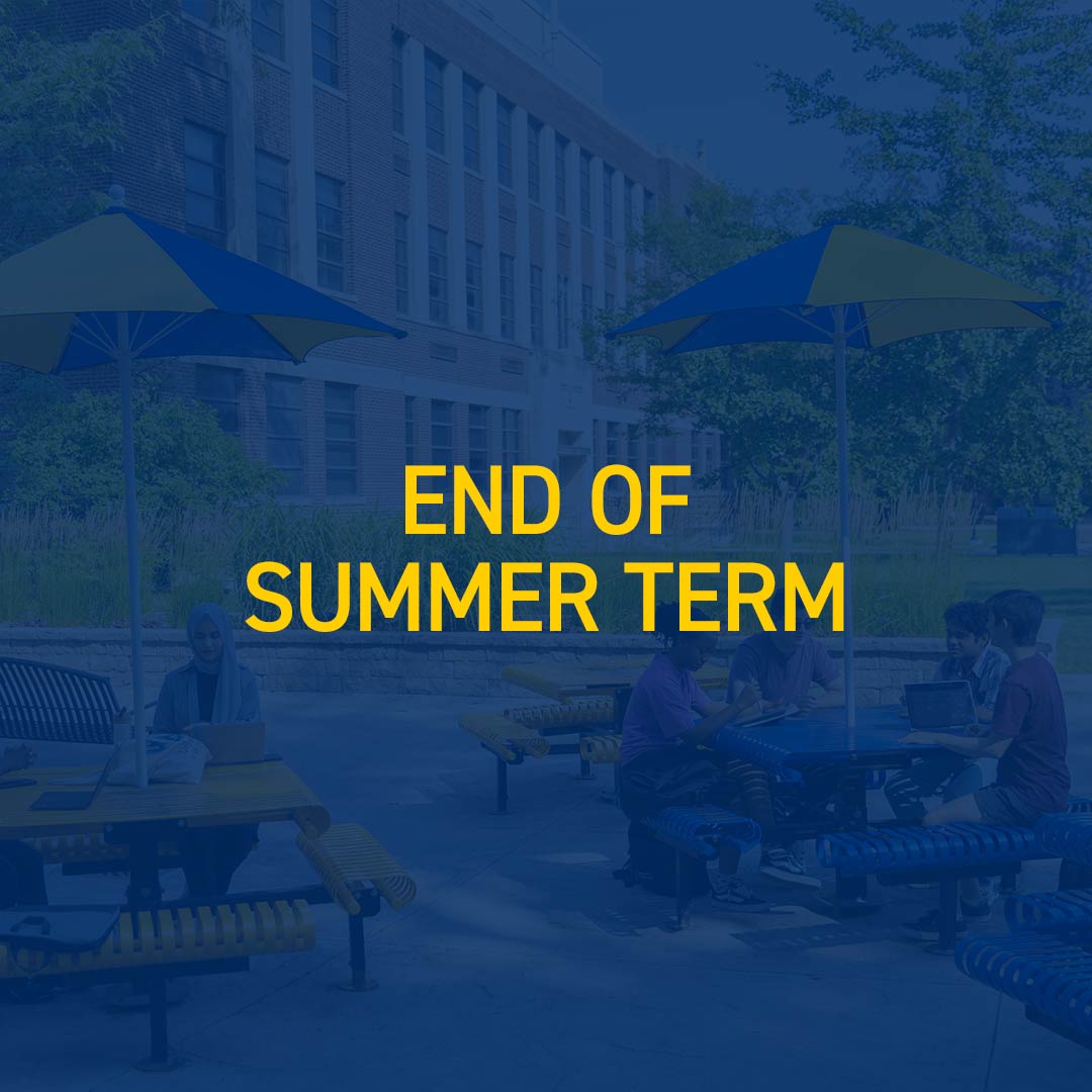 Blue colour overlay and text over photo of summer photo of students sitting at tables