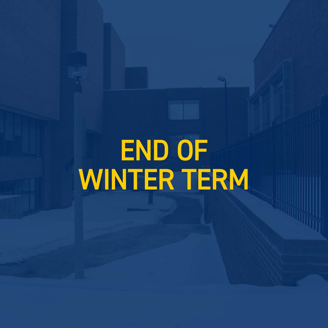 Blue colour overlay and text over photo of a walkway near Leddy Library in the winter
