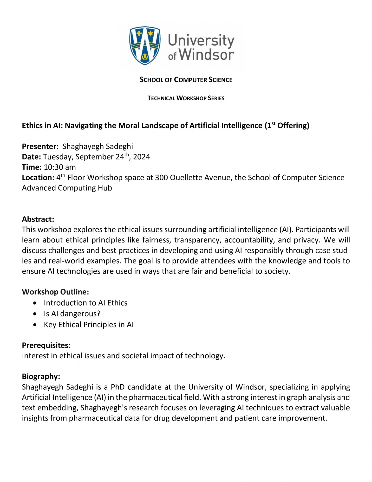 Technical Workshop - Ethics in AI: Navigating the Moral Landscape of Artificial Intelligence (1st Offering) by Shaghayegh Sadeghi