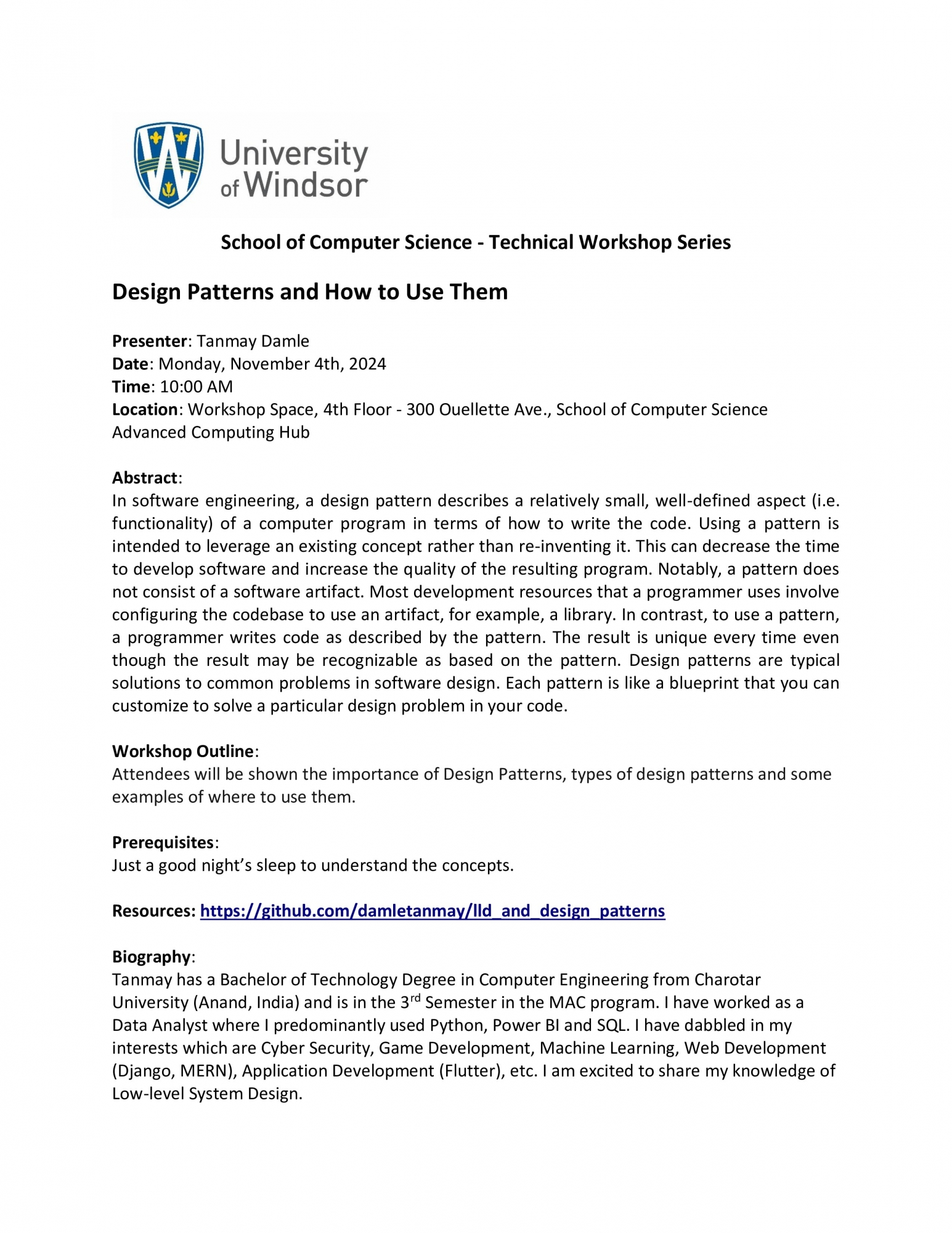 Technical Workshop - Design Patterns and How to Use Them by: Tanmay Damle