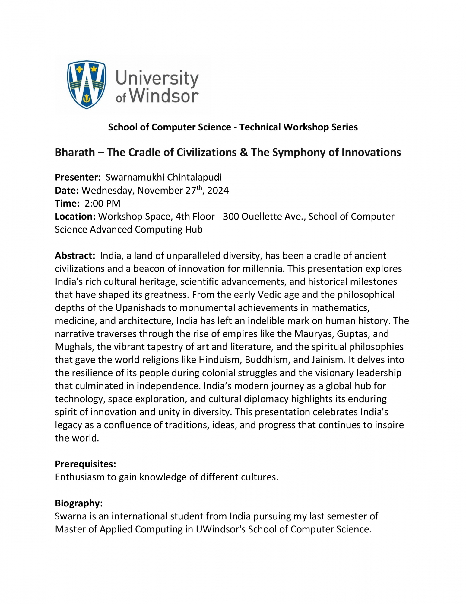 Technical Workshop - Bharath: The Cradle of Civilizations & The Symphony of Innovations by: Swarnamukhi Chintalapudi