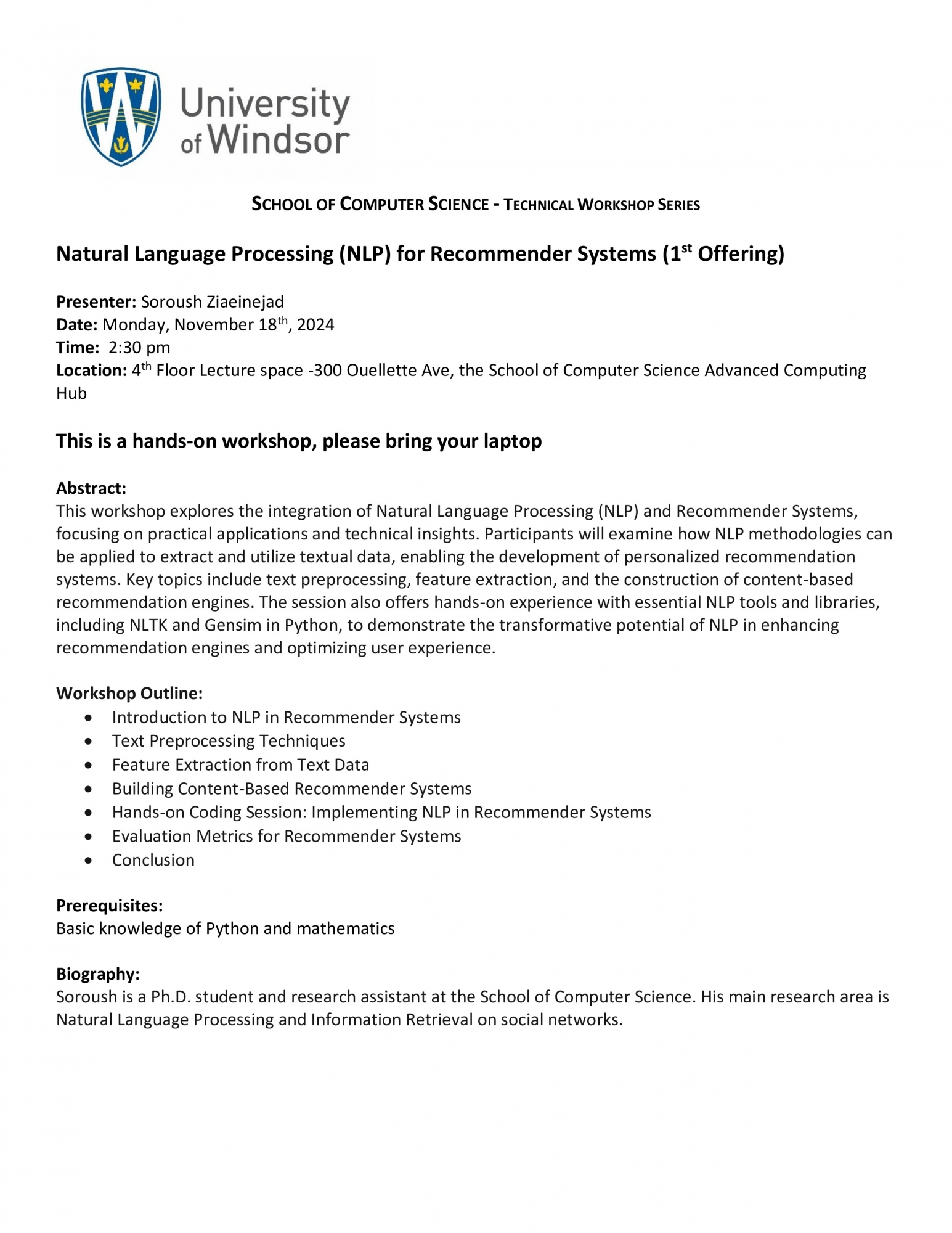 Technical Workshop - Natural Language Processing (NLP) for Recommender Systems (1st Offering) by: Soroush Ziaeinejad