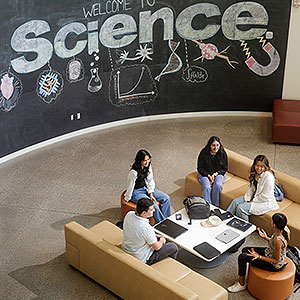 Overhead angle of students sitting in Essex Centre of Research (CORe) lobby