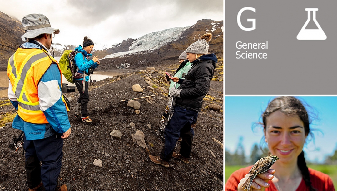 Sudents and a professor in Iceland, another student with a bird, and a General Science graphic
