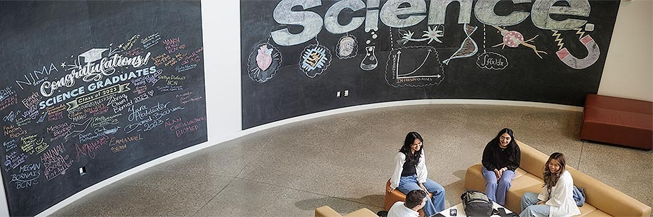 Overhead angle of students sitting in Essex Centre of Research (CORe) lobby