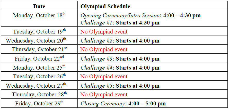 Science Olympiad schedule also available in our downloadable information package (pdf document)