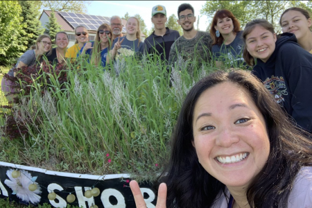 Instructor and students outside