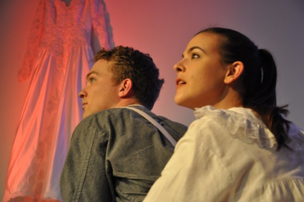 UWindsor actors Daniela Piccinin (l.) playing the dual roles of Mary Chalmers and Gordon Flowerdew and Erik Helle (r.) as Charlie Edwards, during WHIRLIGIG theatre company’s premiere performance, Mary’s Wedding.