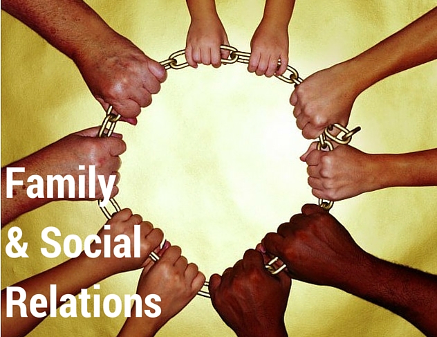 Multiple hands holding a chain in a circle with Family & Social Relations text super-imposed