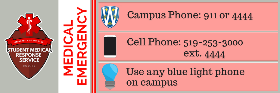 In a medical emergency; dial 911 or 4444 from any campus phone, 519-253-3000 ext. 4444 from your cell phone or use any blue light on campus