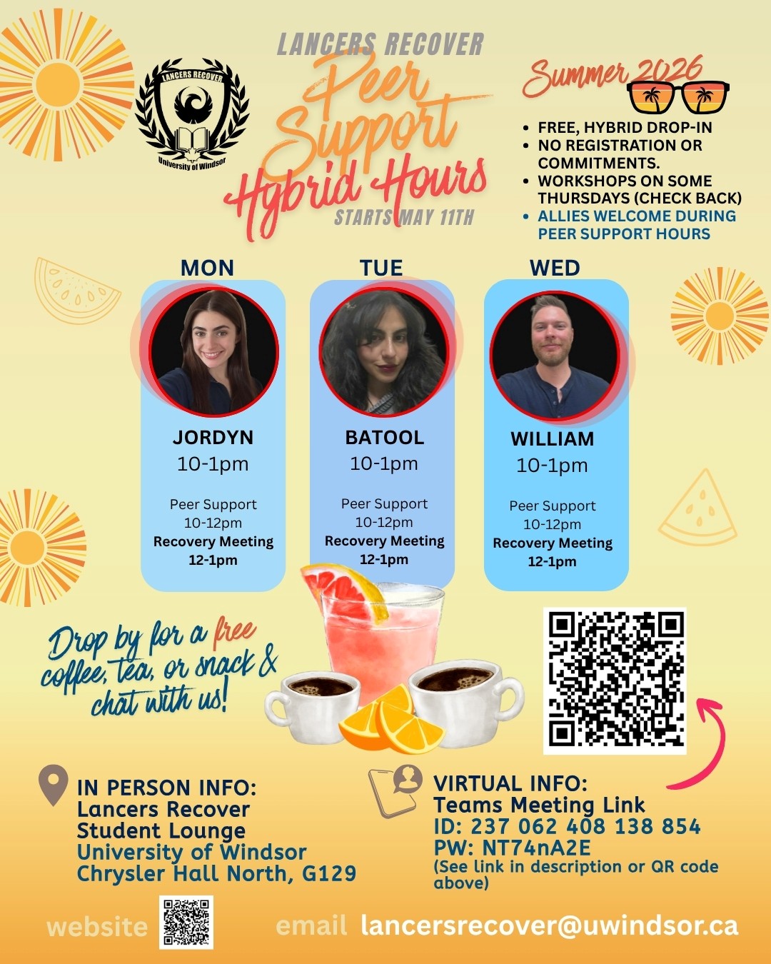 Summer 2026 Peer Support Hours flyer with headshots of each peer