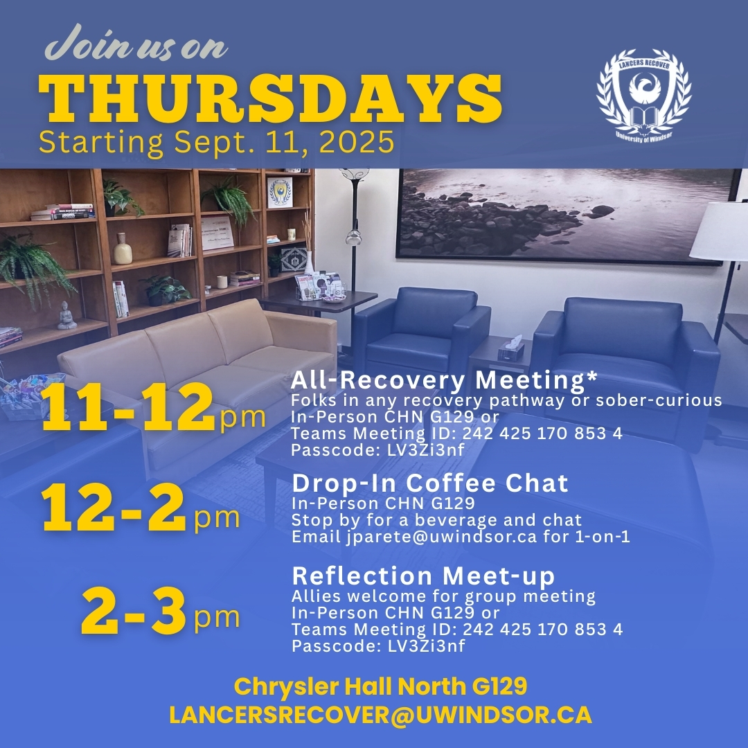 Join us on Thursdays starting September 11, 2025 throughout the 2025-2026 year. All Recovery Meeting is 11-12pm, Drop-in Coffee Chat is 12-2pm, and Reflection Meet-up is 2-3pm 