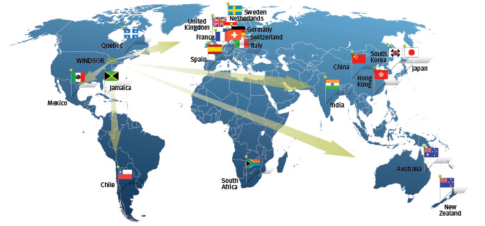 Map of the countries you can go to on exchange from Windsor