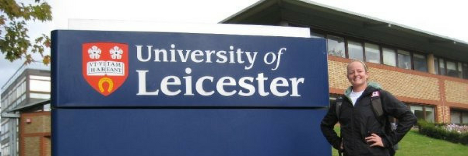 Exchange student with University of Leicester sign