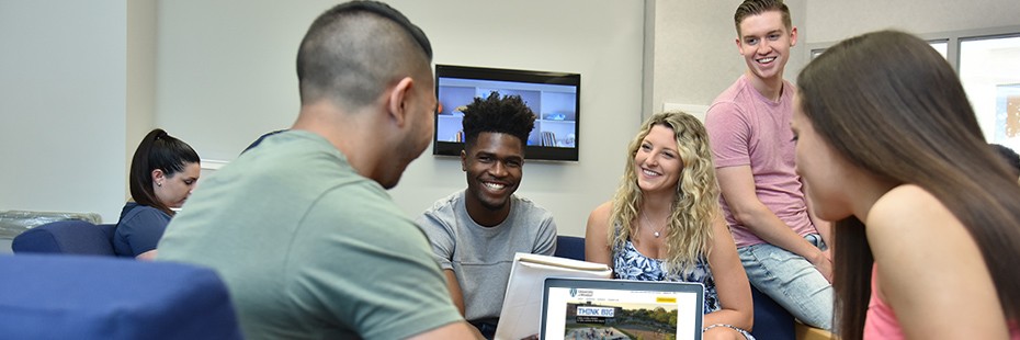 Student gathered laughing 
