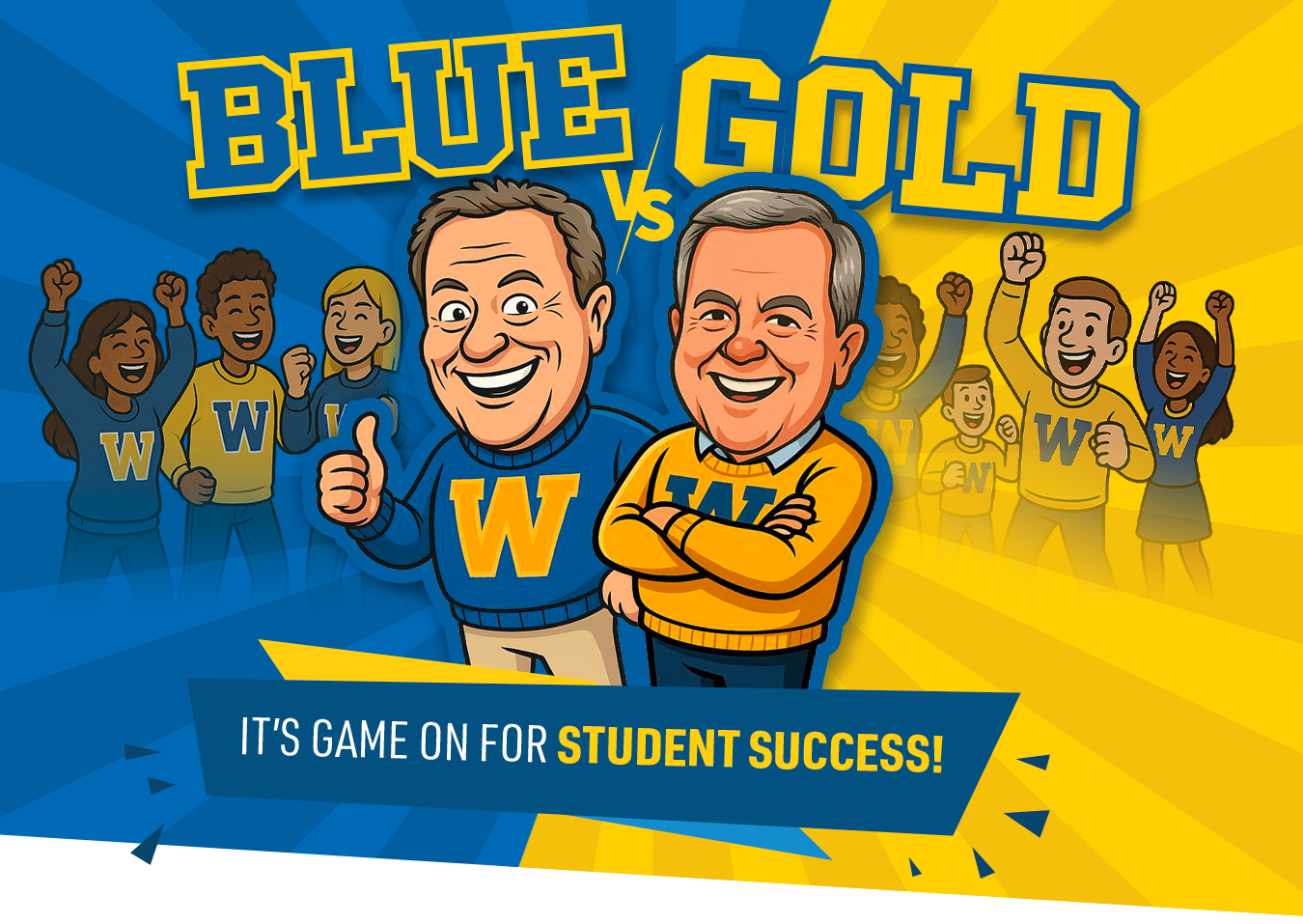 Caricature of JJ McMurtry and Dwight Duncan with "Blue vs Gold" graphic and crowd in background