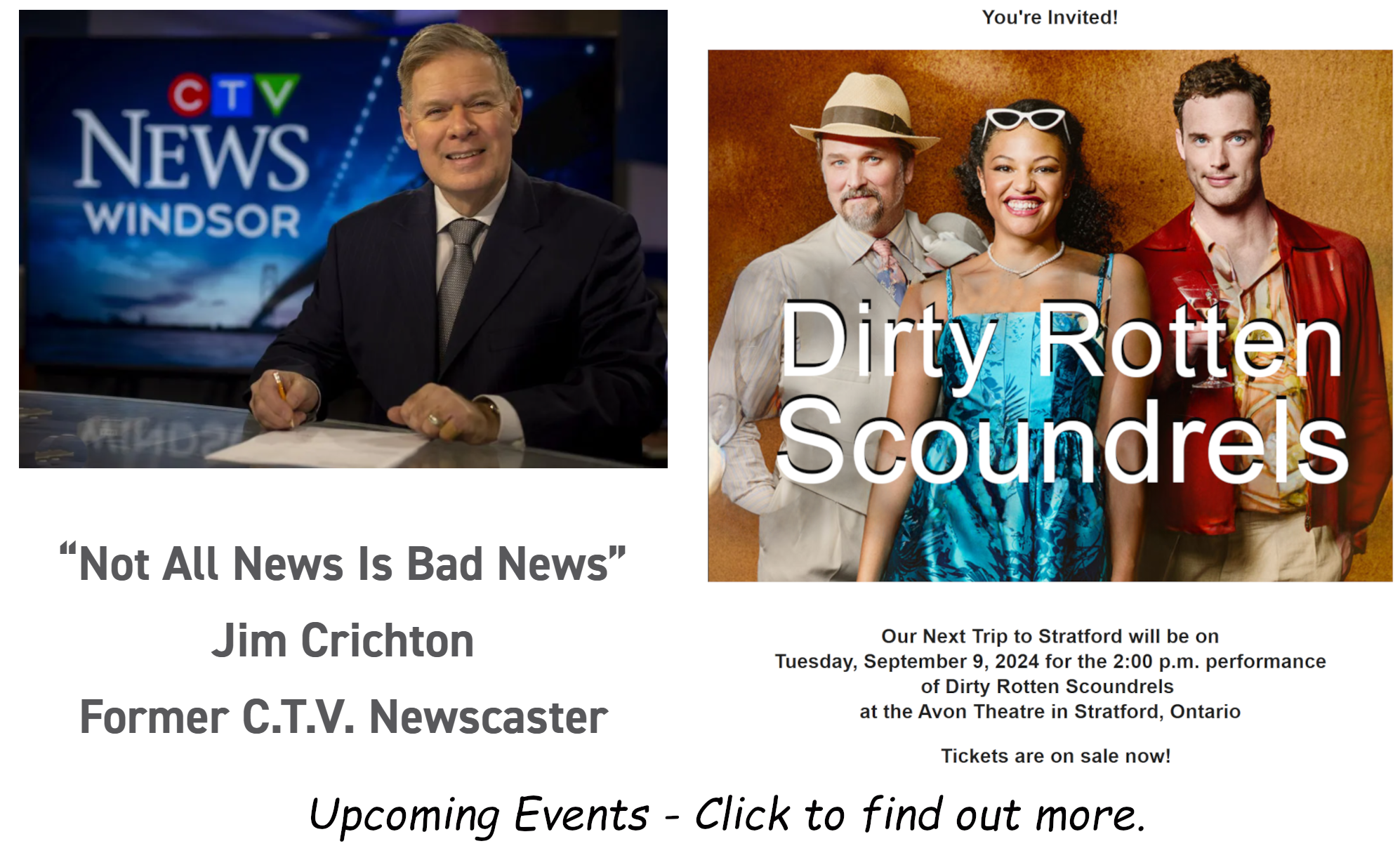 Two highlighted events: Jim Critchton luncheon and Dirty Rotten Scoundrels invitation