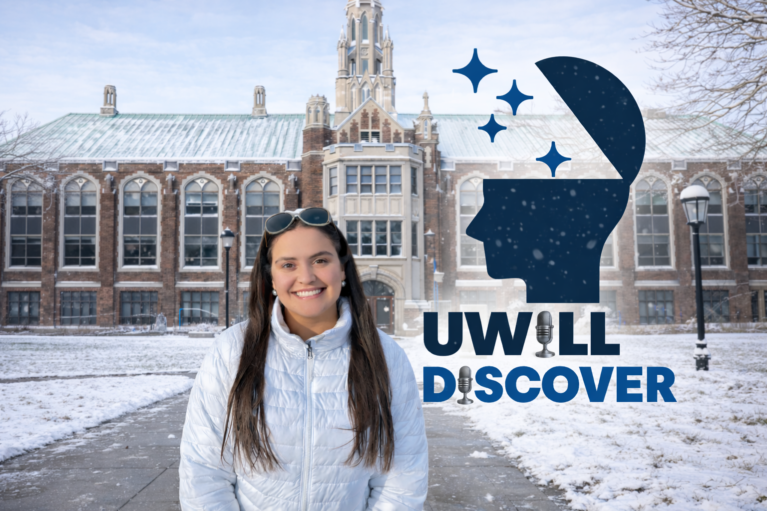 Natasha Nakhle, host of the UWill Discover Podcast, standing outdoors on the University of Windsor campus