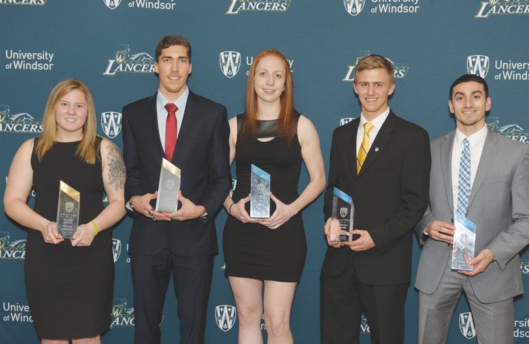 2016-17 Windsor Lancer major award winners (from left): Krystin Lawrence, Corey Bellemore, Emily Prevost, Nick MacMackin and Mike Rocca