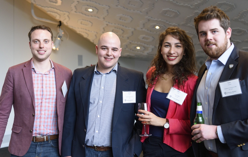 Adam Normand MBA ’18, Joshua Psavka BComm ’14, Lubna Abdul Amin BComm ’12, MBA ’17, Tyler Compton BComm ’13, MBA ’17