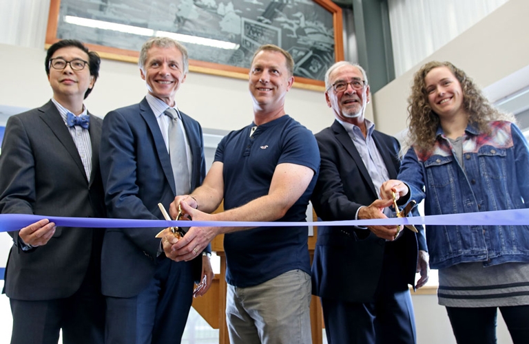 University of Windsor's VP Research Michael Siu, President Alan Wildeman, professor Trevor Pitcher, LaSalle mayor Ken Antaya and student Marlena McCabe cut the ribbon at the grand opening of the Freshwater Restoration Ecology Centre.
