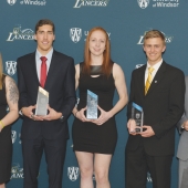 2016-17 Windsor Lancer major award winners (from left): Krystin Lawrence, Corey Bellemore, Emily Prevost, Nick MacMackin and Mike Rocca