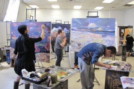 Students working on their projects in the painting studio